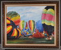 Original oil painting of the Albuquerque International Balloon Fiesta, showing dozens of colorful hot air balloons inflating at ground level with crews working around them, professionally framed, 24x48 inches