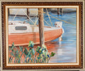 Original oil painting of a wooden sailboat moored at a dock, with waterside grasses in the foreground and soft reflective water