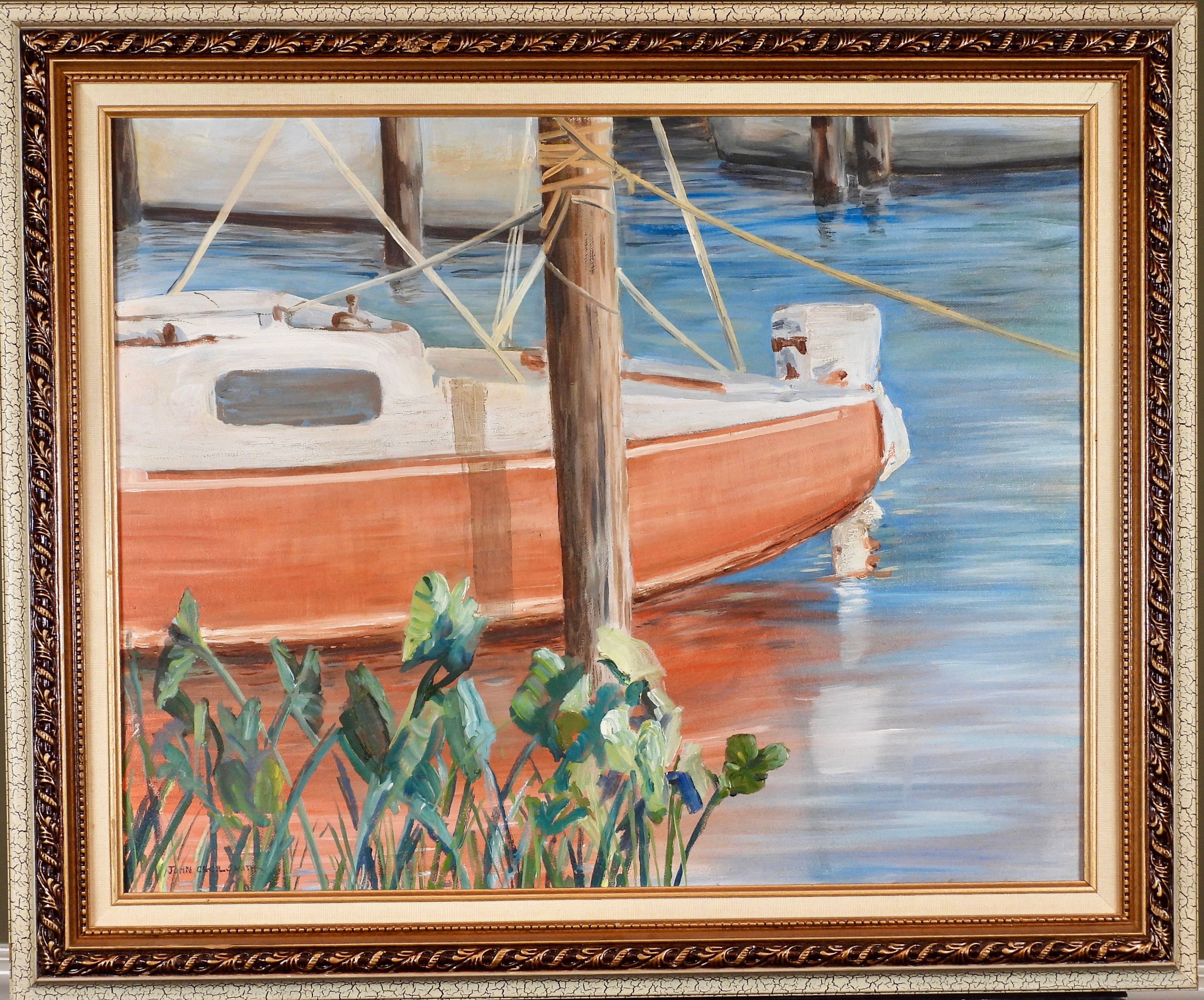 Original oil painting of a wooden sailboat moored at a dock, with waterside grasses in the foreground and soft reflective water