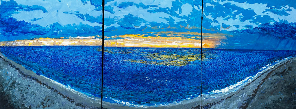 Captiva Beach Triptych — original acrylic painting, three-panel panoramic sunset seascape, Captiva Island Florida