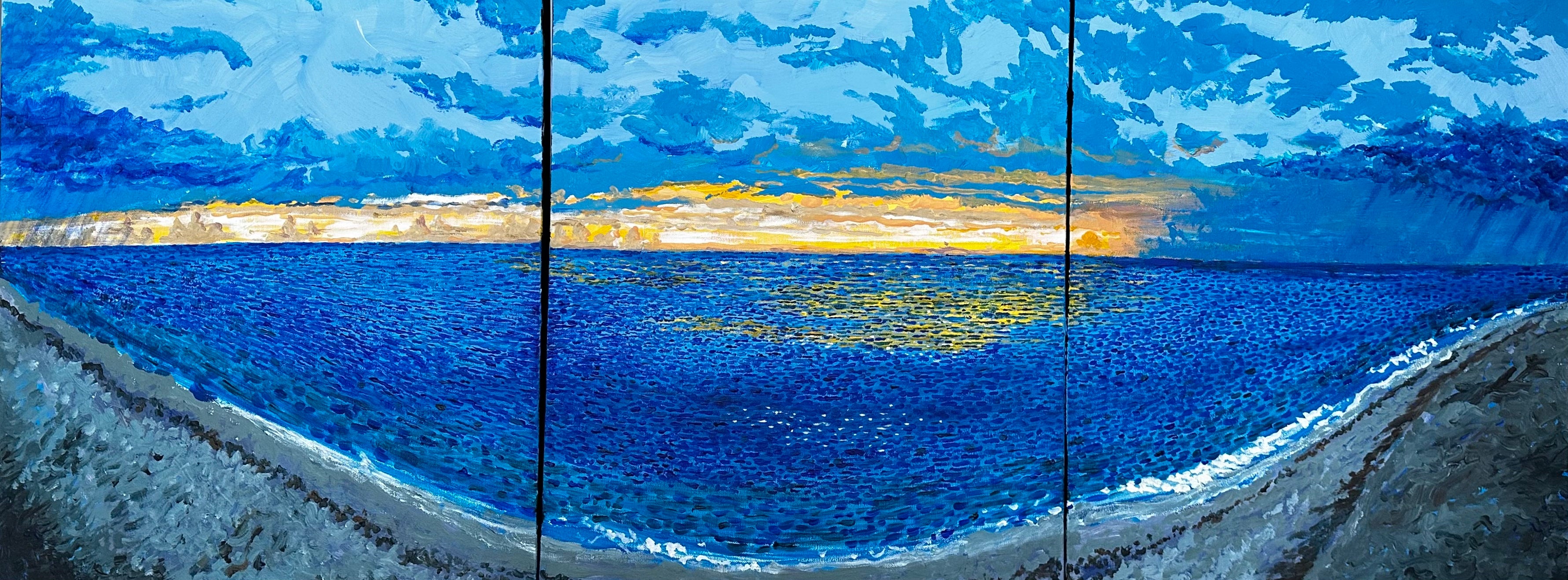 Captiva Beach Triptych — original acrylic painting, three-panel panoramic sunset seascape, Captiva Island Florida