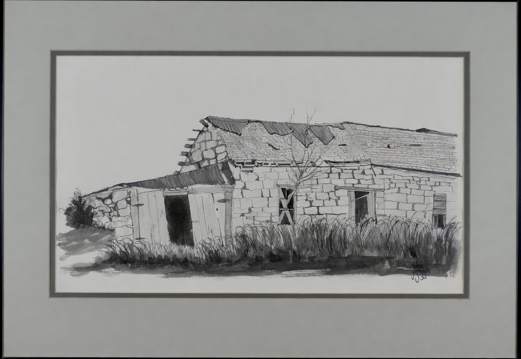 Original pen and ink drawing of a crumbling stone barn in Coal Creek, Colorado, with overgrown grasses and a weathered roof