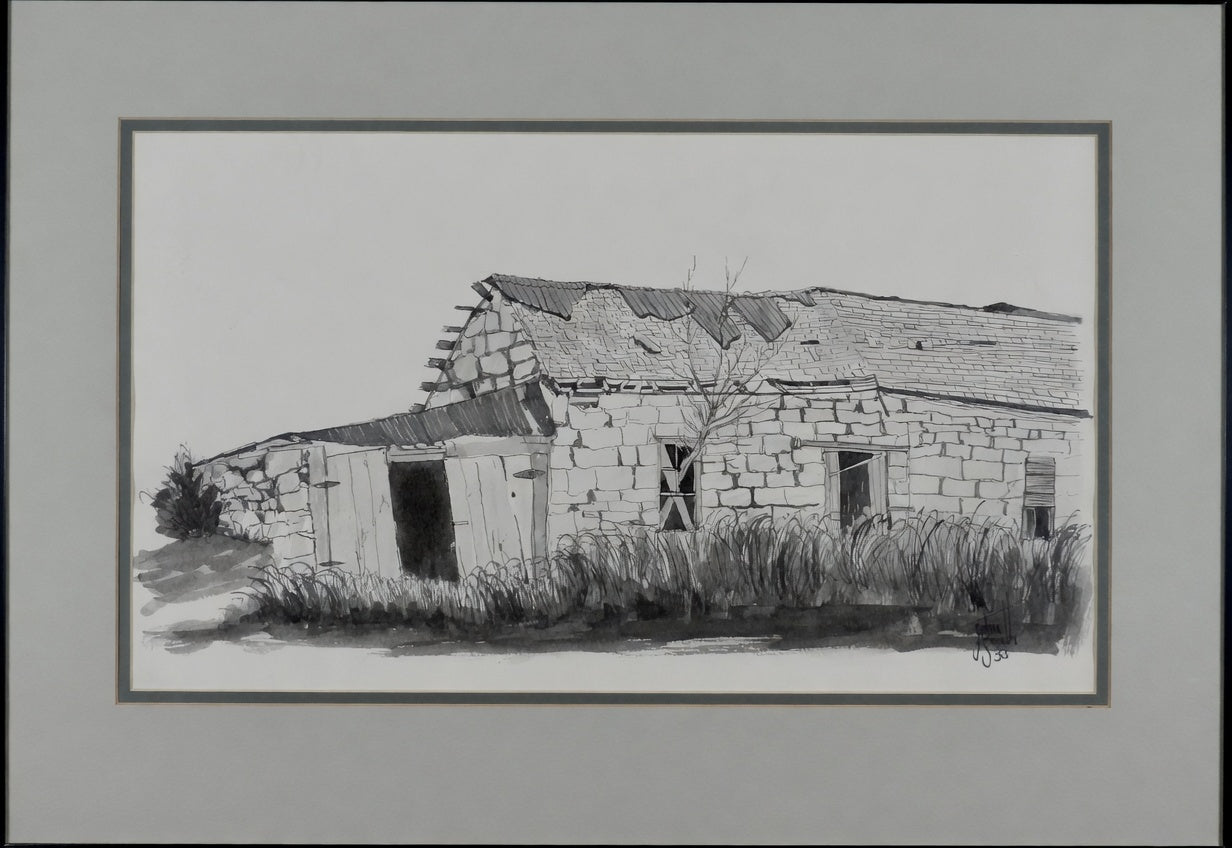 Original pen and ink drawing of a crumbling stone barn in Coal Creek, Colorado, with overgrown grasses and a weathered roof