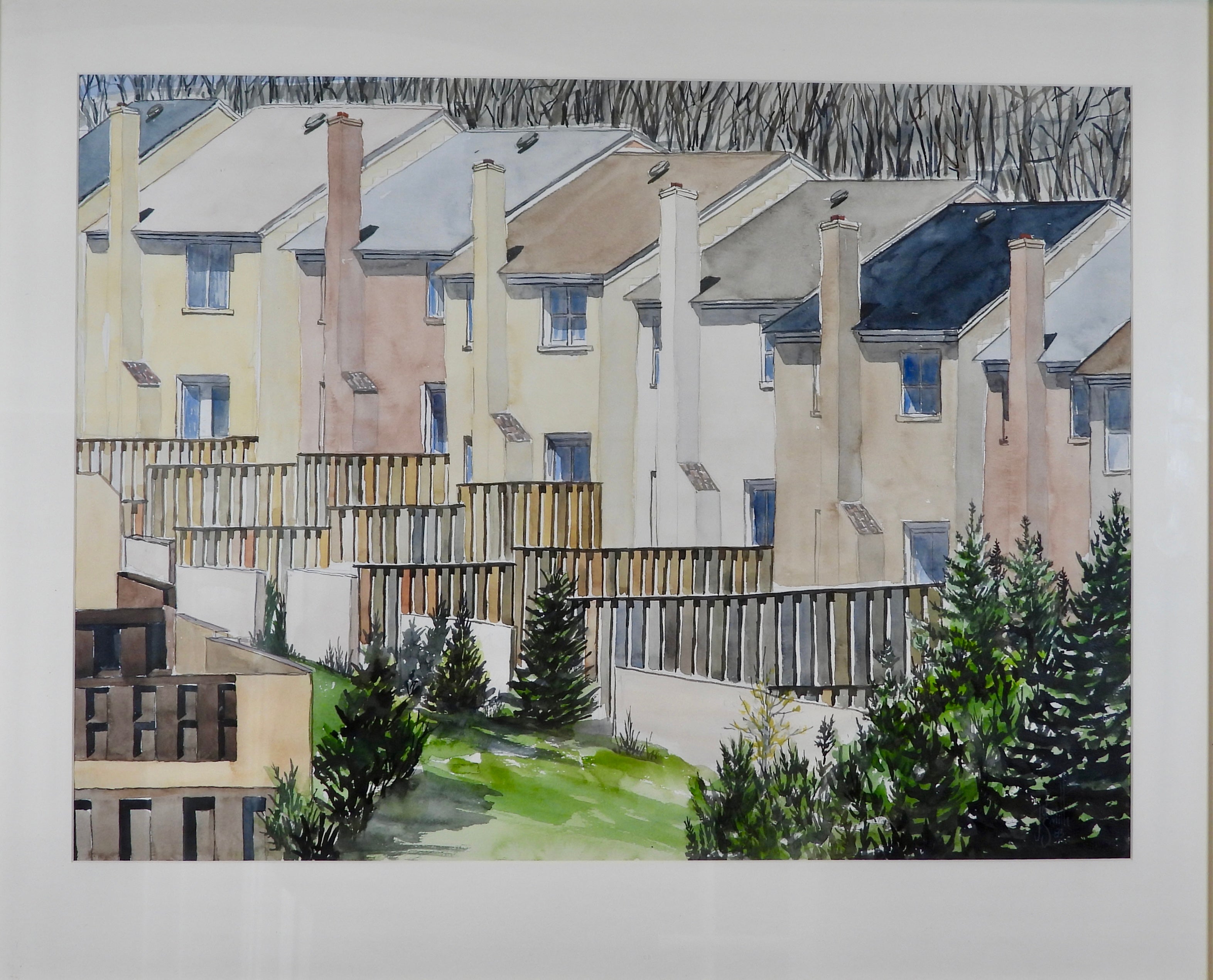 Beauregard Street Condos, Alexandria VA — original watercolor, 22x27 inches outside frame, metal and glass frame