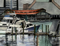 Jacksonville Landing — original watercolor, 18x22 inches outside frame, wood and glass frame
