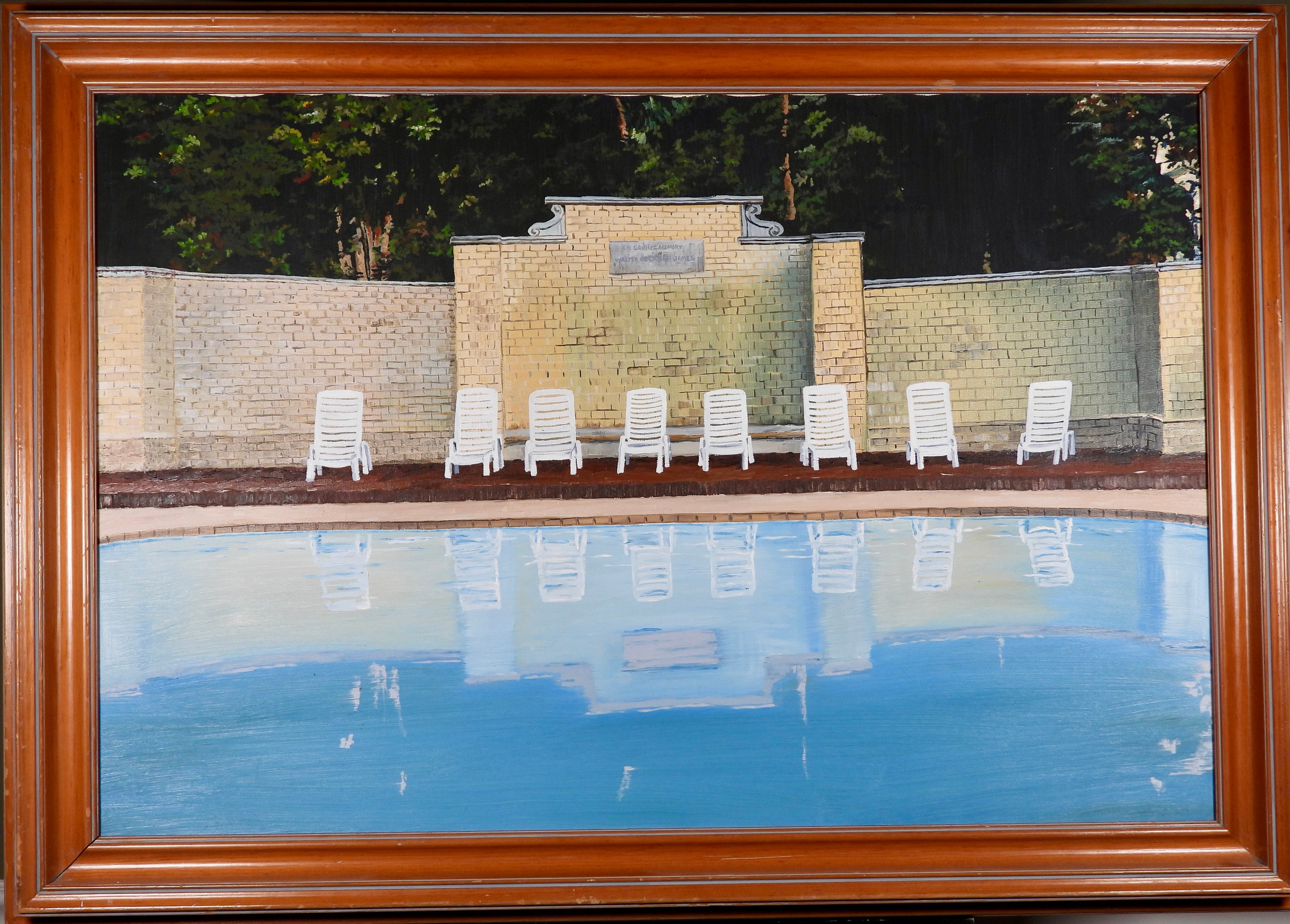 Jekyll Island Pool — original oil painting, 29x42 inches, professionally framed in wood