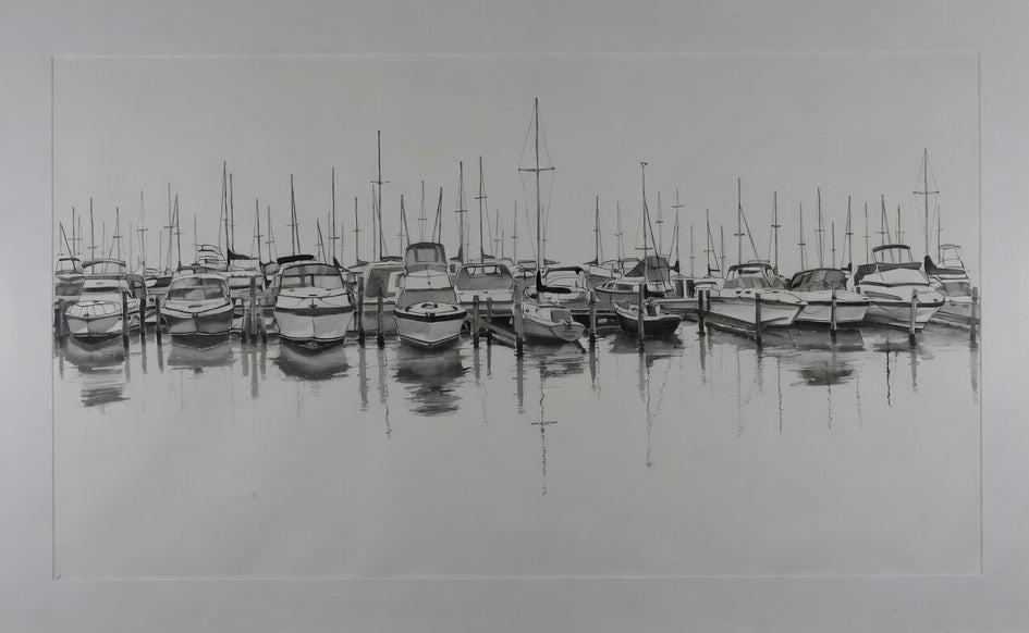 Original pen and ink drawing of Julington Creek Marina, Jacksonville FL — boats at dock with reflections